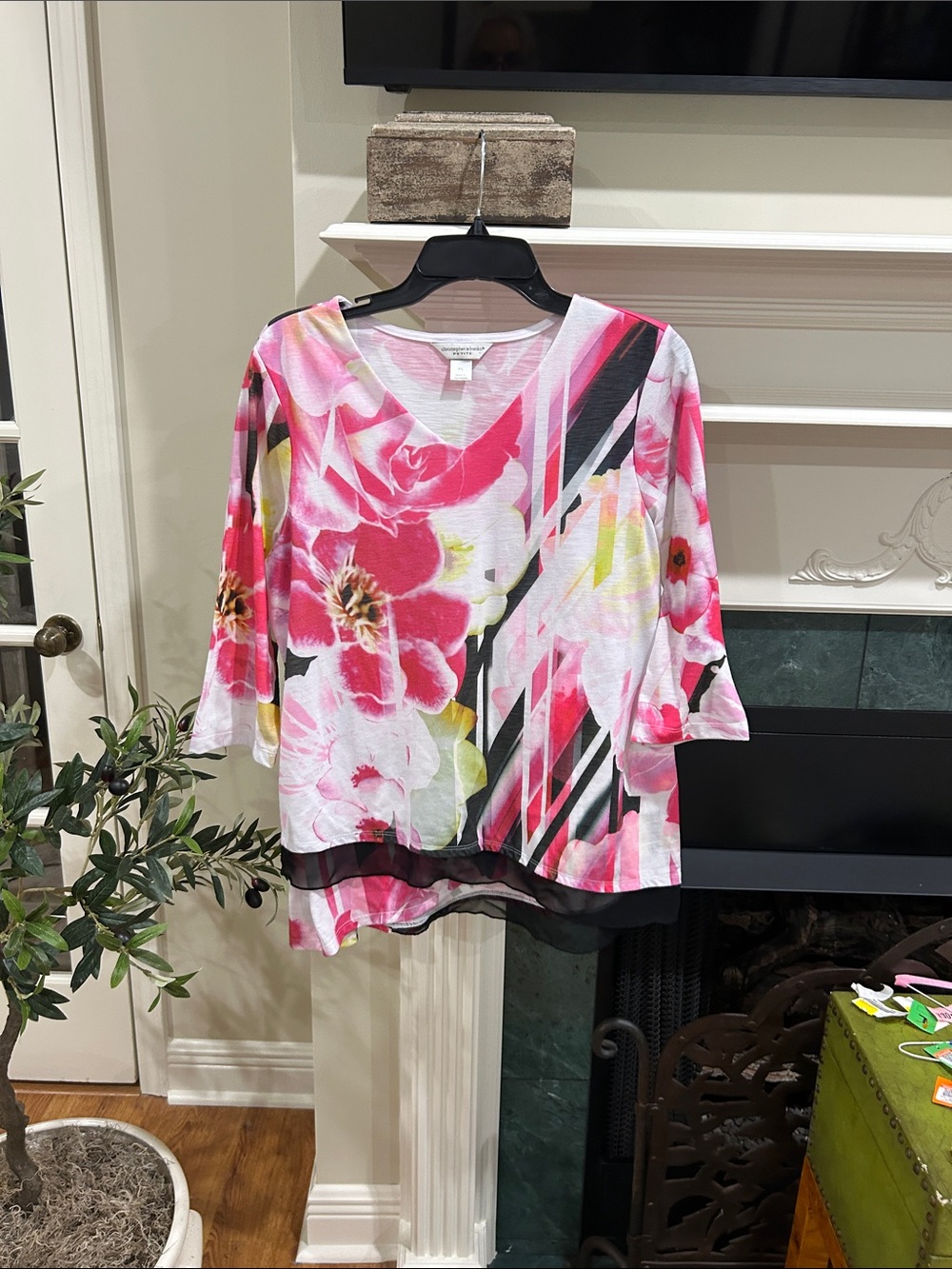 Christopher & Banks Pink Floral V-Neck Tunic with Black Accents